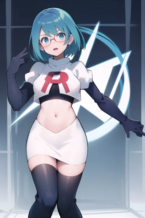 rico_megamanxdive, 1girl, solo, blue eyes, short hair, blue hair, android, glasses, team rocket,team rocket uniform,white skirt,red letter R,crop top,black thigh-highs,black elbow gloves, masterpiece, high quality,