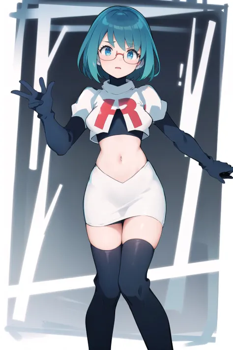 rico_megamanxdive, 1girl, solo, blue eyes, short hair, blue hair, android, glasses, team rocket,team rocket uniform,white skirt,red letter R,crop top,black thigh-highs,black elbow gloves, masterpiece, high quality,