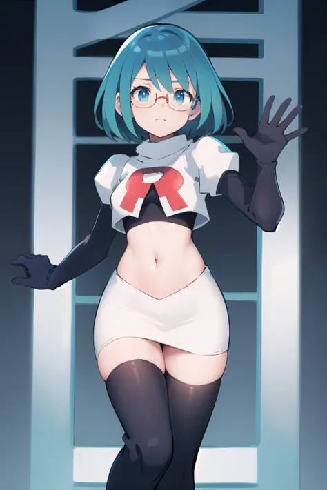 rico_megamanxdive, 1girl, solo, blue eyes, short hair, blue hair, android, glasses, team rocket,team rocket uniform,white skirt,red letter R,crop top,black thigh-highs,black elbow gloves, masterpiece, high quality,