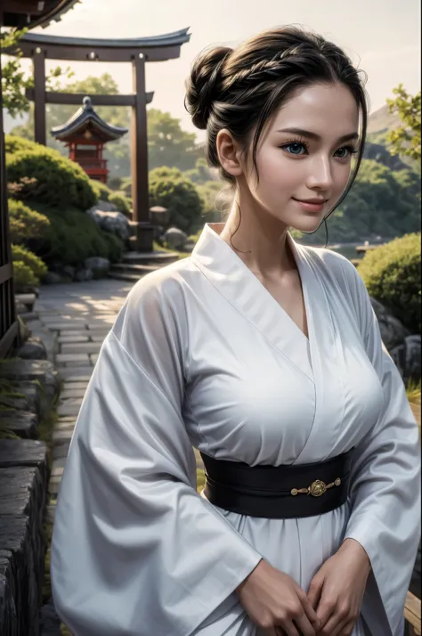 masterpiece, best quality, extremely detailed, hyperrealistic:1.1, photorealistic, a beautiful 20s russian model, ultra detailed face:1.1, white japanese yukata, black kimono cardigan, half updo, black hair, japanese style shrine, in the sunshine:1.1, smil...