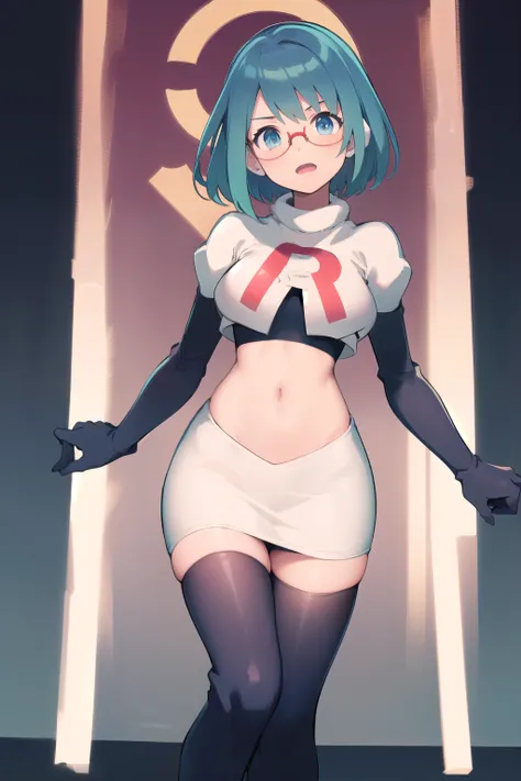 rico_megamanxdive, 1girl, solo, blue eyes, short hair, blue hair, android, glasses, team rocket,team rocket uniform,white skirt,red letter R,crop top,black thigh-highs,black elbow gloves, masterpiece, high quality,