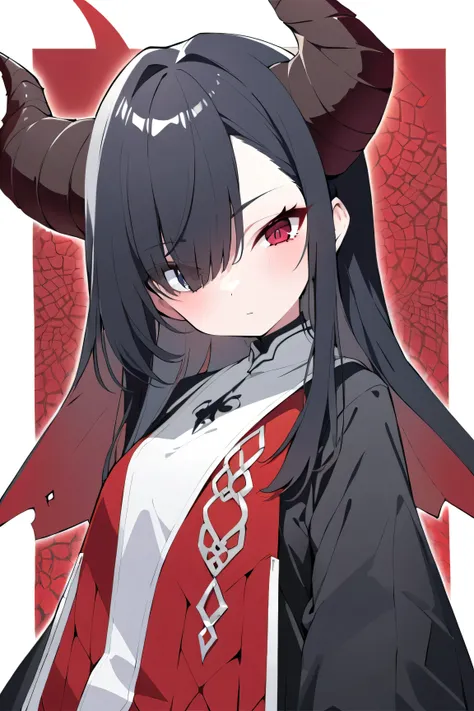 1girl, dragon horn, black hair, right eye is red, left eye is blue, nun