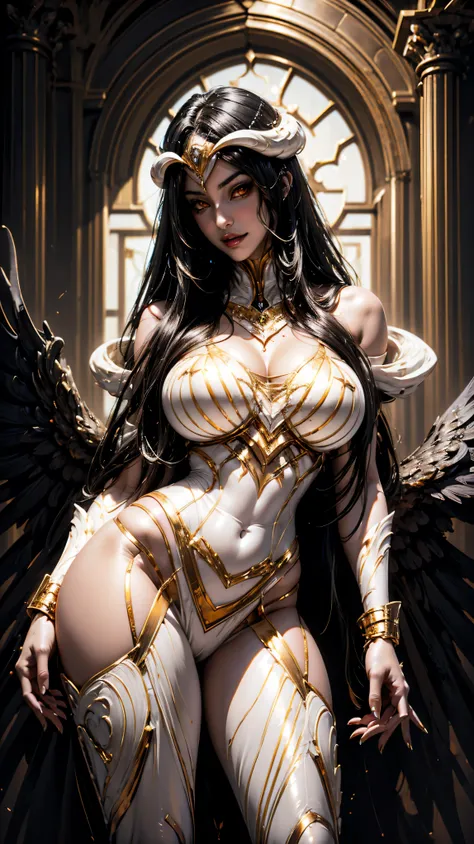 A (super realistic) beautiful sexy woman(albedo _overlord) with (glossy orange eyes) and white attire(detailed with perfect sharpness ) with gold jewellery on sexy breast, beautiful  breast(perfect shape and size), black long beautiful hair, hyper detailed...