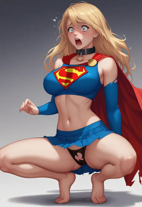 lap, looking shocked, looking surprised, painful expression, ( SUPERGIRL wearing ripped lace tights,  wearing starry lace panties ,  wearing a thick collar around the neck , barefoot) , SUPERGIRL ripped clothes, breasts, large breasts, bust, break (by zack...