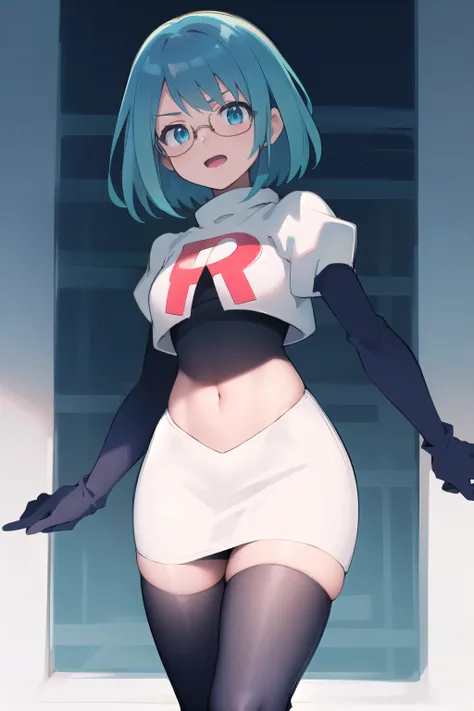 rico_megamanxdive, 1girl, solo, blue eyes, short hair, blue hair, android, glasses, team rocket,team rocket uniform,white skirt,red letter R,crop top,black thigh-highs,black elbow gloves, masterpiece, high quality,