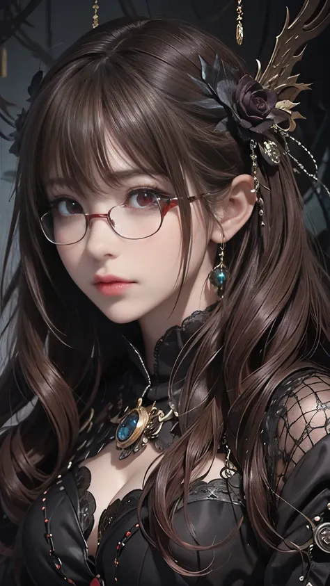 ( top quality ,4K,8k,  nothing ,masterpiece:1.2),   very detailed,( realistic ,photo realistic ,photo- realistic :1.37),   Closeup of a dark-haired woman in black, Dark Eyes,Bad luck笑顔,((((Glasses、Red glowing eyes))))、((((  Dark Fantasy Portraits  )))) ,Qu...