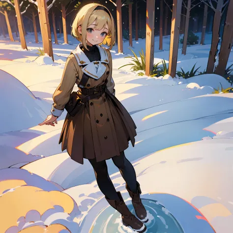 ( High Quality ,  high res, Very detailed, reality:1.37), Peaceful atmosphere, (Outdoor, garden ,snow),  teenage girl standing alone, Beautiful details,  cute smile, (Blonde Bob ), Ribbed sweater,Brown skirt,  black tights ,  brown boots .