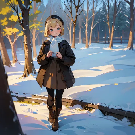 ( High Quality ,  high res, Very detailed, reality:1.37), Peaceful atmosphere, (Outdoor, garden ,snow),  teenage girl standing alone, Beautiful details,  cute smile, (Blonde Bob ), Ribbed sweater,Brown skirt,  black tights ,  brown boots .