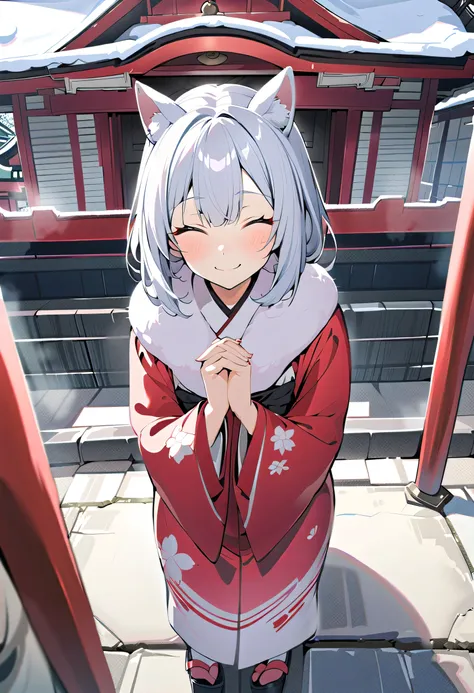 winter,smile,Dog ears girl, White dog ears, Silver Hair, Japan,shrine, White Ear, knees,smile, kimono, palms together,Pray,