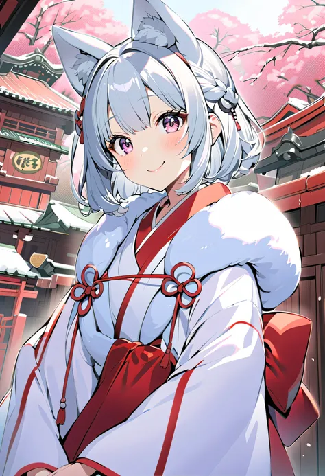 winter,smile,Dog ears girl, Silver Hair, Japan,shrine, White Ear, Knee,smile,Shrine maiden