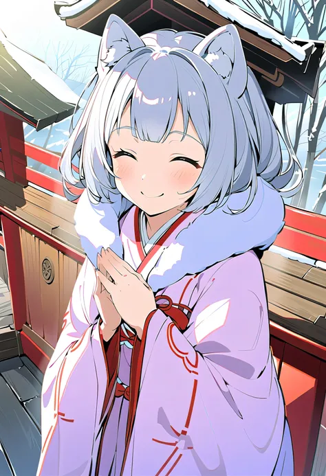 winter，smile，Dog ears girl，         Silver Hair，     Japan，shrine， White Ear，   above the knee，smile，Shrine maiden，Visit to a shrine， put your hands together ， close your eyes，Make a request