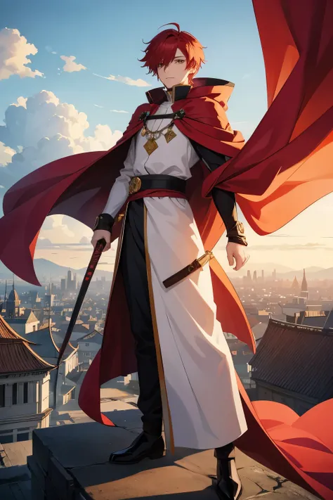  anime-style image of a man with red hair and a cloak, Demon Slayer-style handsome man, Beautiful androgynous prince, A delicate androgynous prince, ,  Standing on top 、There is a city in the background , Male clergy photos,  Caleb in critical roll ,  Fire...