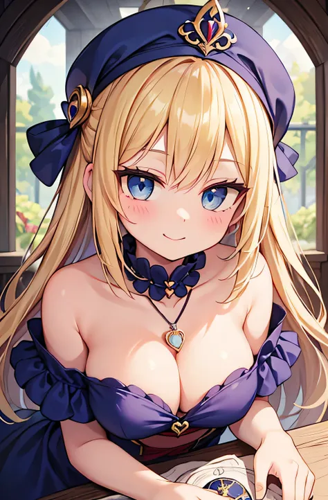  beautiful girl　Odd Eye with red and blue eyes on the left and right　Blonde　Fair skin　smile　mystical blue dress 　 Heart Pendant 　fortune teller