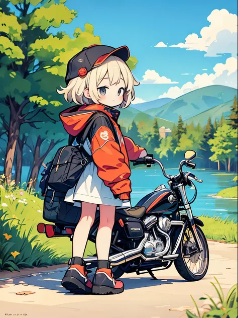 A masterpiece, a detailed background, and a "Yuru Camping" inspired wide illustration with a simple, light use that highlights a kitten girl. She is fishing on a lake, with a Harley-Davidson Electra Glide™ Highway King parked next to her.