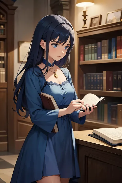 A woman in a blue dress holds a book , Alchemist&#39;s Library Background, Alchemist Girl , Portrait of a Mage , portrait of a Female Wizard,  Library Libruina Concept Art,  Infinite Celestial Library ,  Altria Pendragon, Female Wizard!, Female Wizard,  sh...