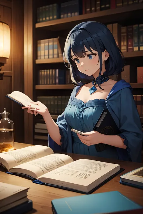 A woman in a blue dress holds a book , Alchemist&#39;s Library Background, Alchemist Girl , Portrait of a Mage , portrait of a Female Wizard,  Library Libruina Concept Art,  Infinite Celestial Library ,  Altria Pendragon, Female Wizard!, Female Wizard,  sh...