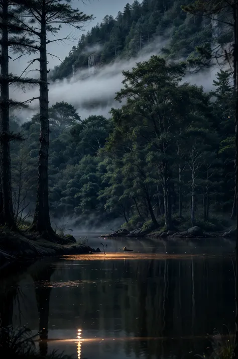 Create a tranquil lakeside cabin scene in a dense misty forest. The mood should be one of mystery and calm, with the cabins lights softly glowing through the mist