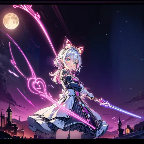  chibi、 cute、whole body、 holding a huge magic wand 、dynamic、 One girl , pretty face、baby face、  Absurd、 ((( best combination 、 top quality 、The woman screaming The Greatest Masterpiece   、 Ultra-fine、 super detailed 、HHD)))、  milky white and seven-color gr...