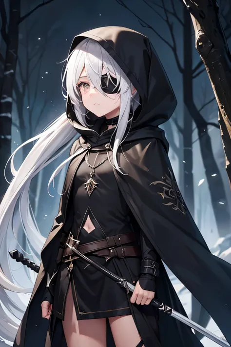 {
  "prompt": "A mysterious man with long silver hair tied back in a low ponytail, wearing a dark hooded cloak with hints of shining silver armor beneath. His left eye is covered by a black eyepatch, and his right eye glows faintly gold. He carries a sleek...