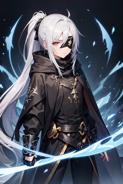 {
  "prompt": "A mysterious man with long silver hair tied back in a low ponytail, wearing a dark hooded cloak with hints of shining silver armor beneath. His left eye is covered by a black eyepatch, and his right eye glows faintly gold. He carries a sleek...