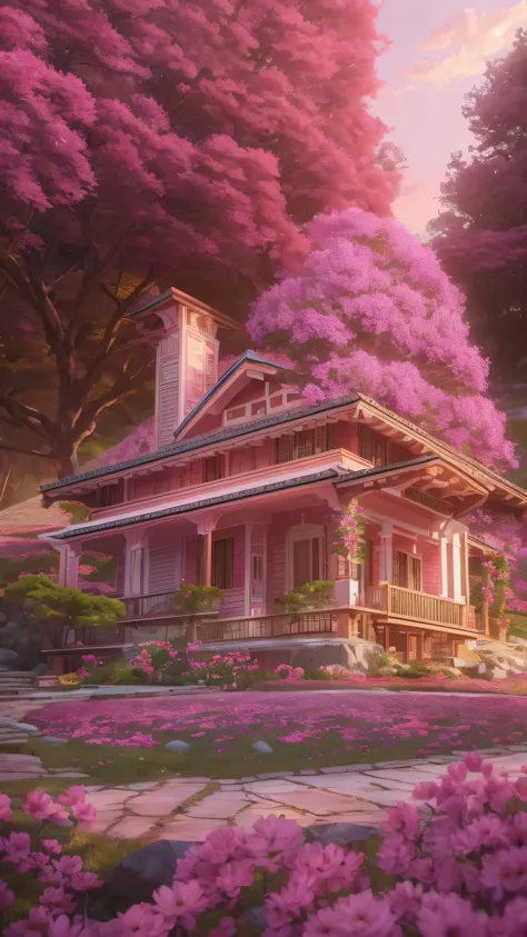 Chroma V5, Nbinkupunk,  analog style , Very exquisite spring pink tree々A beautiful house on a beautiful mountain surrounded by lush greenery,  background by Empiece, With a beautiful and spectacular sunset,  concept art, Artwork by Greg Rutkowski and Alber...