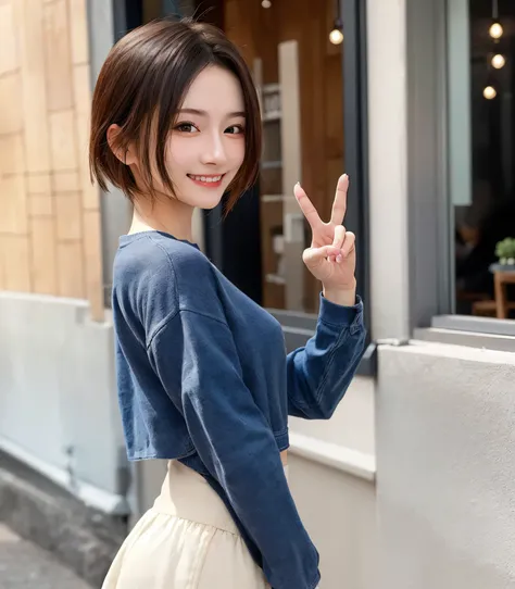 masterpiece,  top quality ,  Extremely Detailed CG Unity 8K Wallpaper,
  cute girl,
 girlfriend ,  casual clothes , smile,Doing a &quot;banzai&quot; (banzai) gesture, stylish cafe,  At noon,   detailed background, from side,