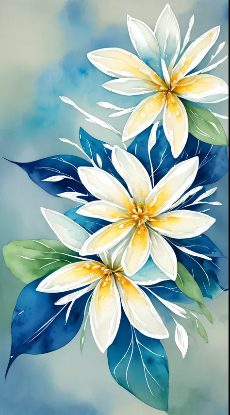 watercolor, flower, jasmine, beautiful, watercolor style, flower and leaf patterns, wet on wet technique, muted, indigo, fabric design, flat illustration, highly detailed clean, vector image, masterpiece, professional, isometric, bright vector, white backg...