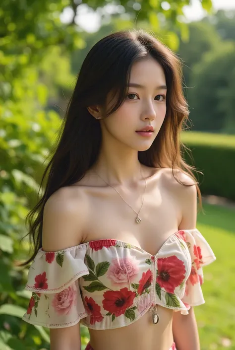 [Subject]: A young woman with long, flowing dark hair standing in a lush green garden during daytime.
[Details]: She is wearing a floral off-shoulder crop top with vibrant red and pink flowers, accompanied by green leaves on a cream-colored fabric. Her ski...