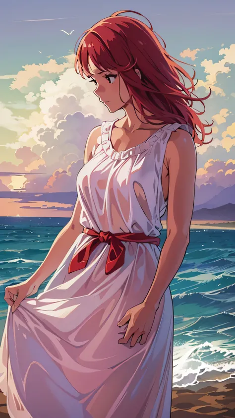  in high-definition images， Hawaii Ocean ( very detailed and high quality illustration ),(Best lighting and shadow effects,  super real ),  Beach ,  young girl with short light maroon hair in white satin dress, Gazing thoughtfully at the sea,In a red dress...