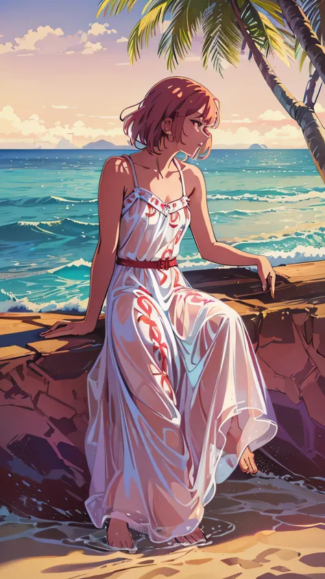  in high-definition images， Hawaii Ocean ( very detailed and high quality illustration ),(Best lighting and shadow effects,  super real ),  Beach ,  young girl with short light maroon hair in white satin dress, Gazing thoughtfully at the sea,In a red dress...