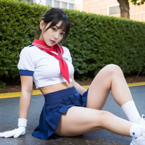 Kasugana Sakura opens her thighs while feeling ashamed, white panties, Im looking for a sexy model , black short hair ,ankle socks, blue  skirt,  crop top,  headband , midriff, mini skirt, belly button,  sailor collar, , shoes, Short sleeve,  skirt,  sneak...