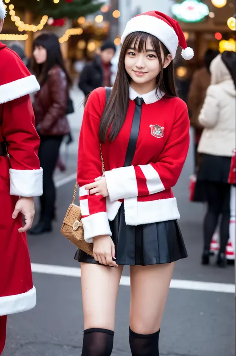 A girl (20 years old, Japanese pretty face) is wearing Santa Claus uniform with mini skirt at town on Christmas in Winter.