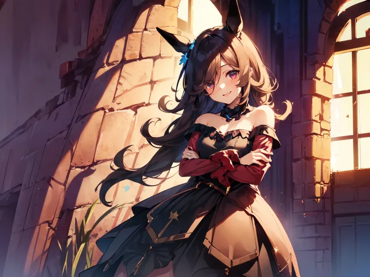 (Solo:2), (1 Female:2), (Blonde, Long Hair, Yellow Top, White Pants), (Durandal), (Short Fingers, Short Arms, Short Legs), (Horse Ears), (Flat Chest, Arms Crossed), (Smiling, Looking at Camera), (Red Castle Garden), (Sunset), (Focus on Chest), (Carefully D...