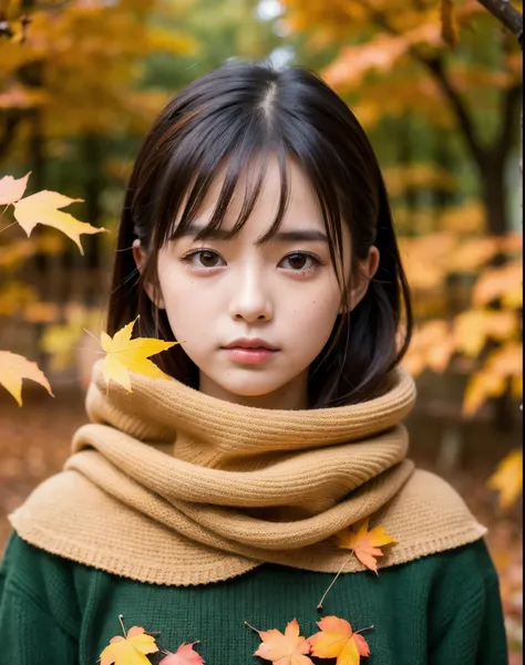 (4k, RAW photo, best quality, masterpiece:1.2),japanese,1girl,autumn leaves, looking at viewer,(sad:1.3),tears drop,oversized sweater, 