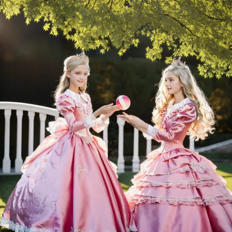 Lot of Princesses Blonde pink Silk Satin Victorian Ball Gown Dress. Ten years old young russian girls,short ,baby face,short and tall,long sleeves,The dress is decorated with lots of frills and ribbons., Long hair that reaches down to the waist,in the luxu...