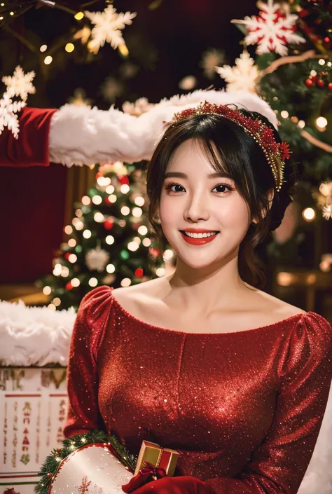 A joyful woman dressed in a red and white Santa outfit handing out gifts to excited ren at a festive Christmas celebration. She has long, flowing dark hair and a radiant smile. She holds several wrapped presents in vibrant colors with golden ribbons. The r...