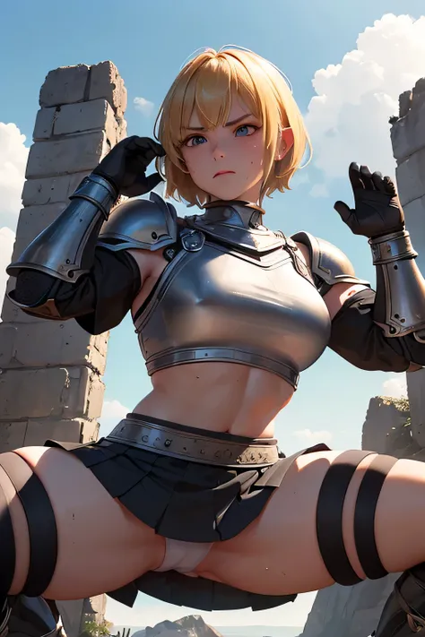 (muscularity),(insolence),Female warrior,short blond Hair, (iron armor),desolate mountain,in a fantasy setting,strong wind, sweat,serious expression,(((mini skirt))),(panty shot),(((photo taken from below))),(((spread legs))),(((squat)))