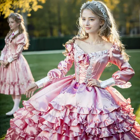 Lot of Princesses Blonde pink Silk Satin Victorian Ball Gown Dress. Ten years old young russian girls,short ,baby face,short and tall,long sleeves,The dress is decorated with lots of frills and ribbons., Long hair that reaches down to the waist,in the luxu...