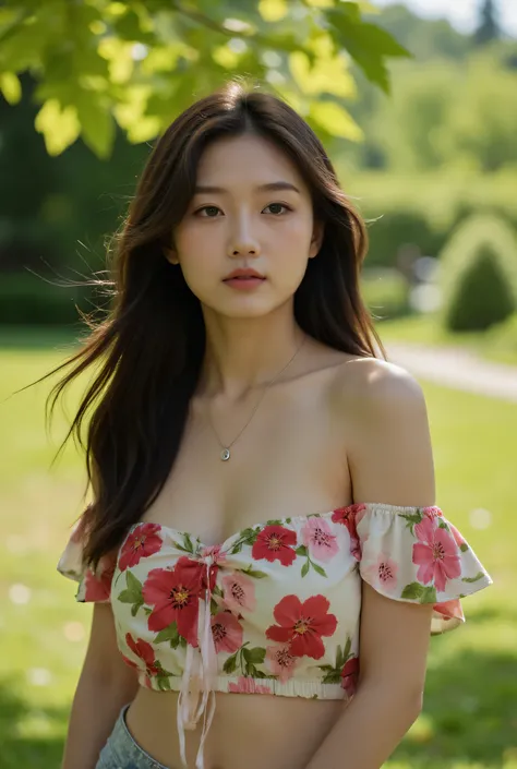 [Subject]: A young woman with long, flowing dark hair standing in a lush green garden during daytime.
[Details]: She is wearing a floral off-shoulder crop top with vibrant red and pink flowers, accompanied by green leaves on a cream-colored fabric. Her ski...