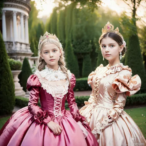 Photo of the cover of the magazine,Lot of Princesses Blonde hot pink Silk Satin Victorian Ball Gown Dress. Ten years old young russian girls,baby face,short,long sleeves,puff sleeves,frilled yoke collar,The dress is decorated with lots of frills and ribbon...