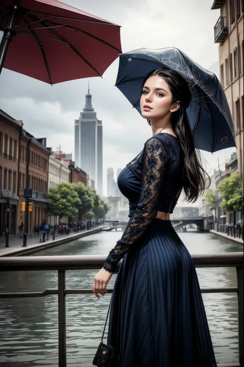 masterpiece, best quality, extremely detailed, hyperrealistic:1.1, photorealistic, a beautiful 20s russian model, ultra detailed face:1.1, sunglasses on head:1.1, navy dress:1.1, white crochet hat, black hair, cityscape, rainy, holding open umbrella, stand...