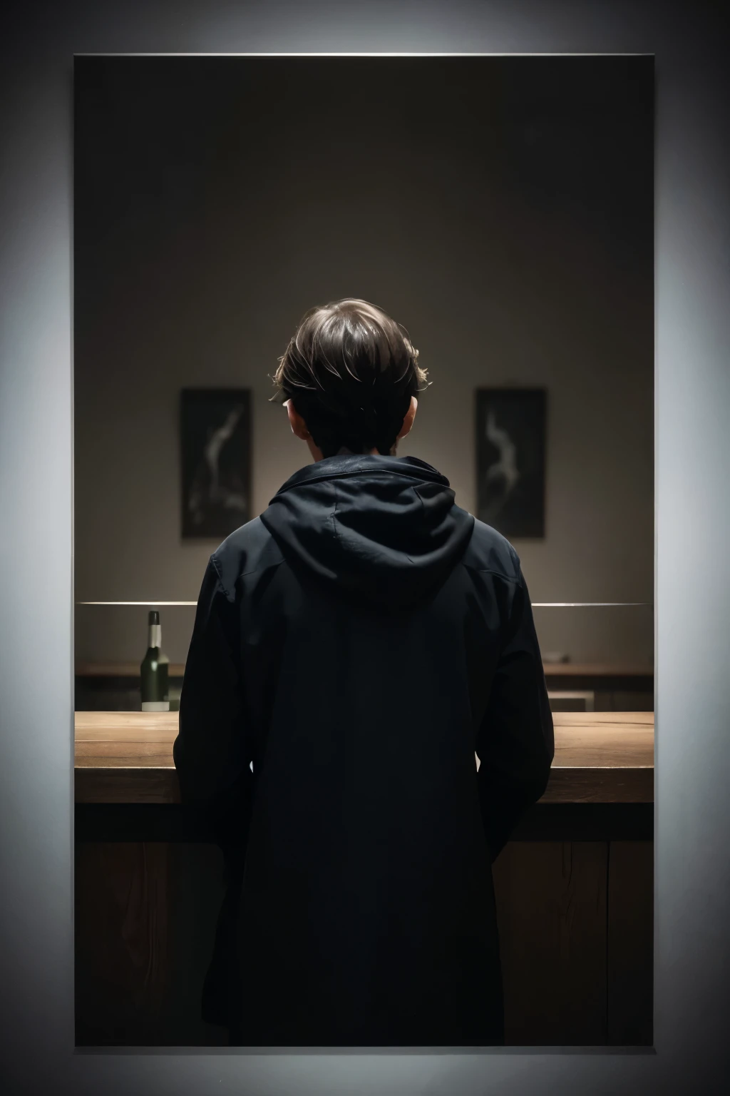 (( masterpiece )), ((Better quality:1.2)), high resolution , 8K, (ultra_realistic:1.3), (photorealistic:1.4), (Instagram Template, elegant:1.2), Create an artistic, abstract representation of a dimly lit bar scene at night. A young, intoxicated person app...