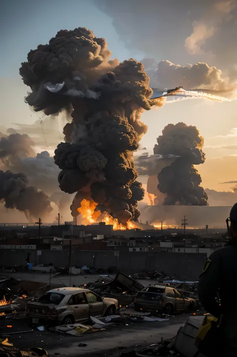 A modern city in ruins. Collapsed buildings are covered in smoke and fire. The sky is a dirty gray and the sun is obscured by radiation. The streets are littered with rubble, burnt-out cars, and collapsed metro lines. In one corner of the picture, a group ...