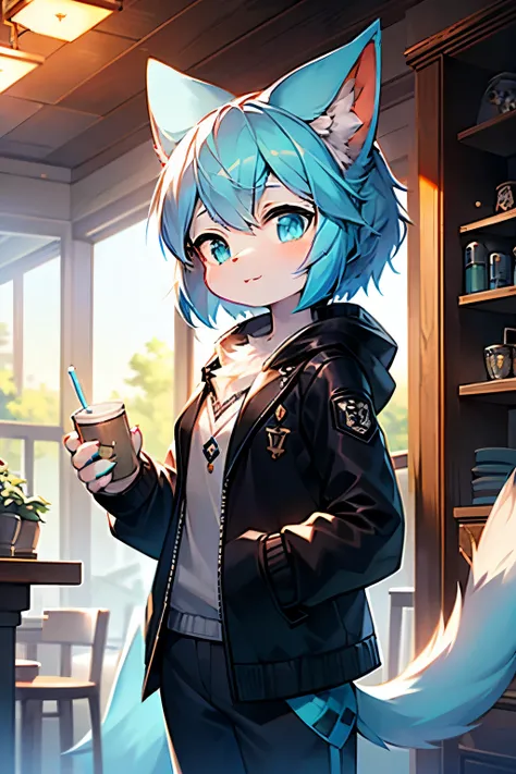 furry, cute face, ambient light, ultra detailed fur, volumetric light,cyan-blue hair, hairy hands, girl, blue eyes, stand, open-head, cat, a cup, black jacket, parted lips , one tail 