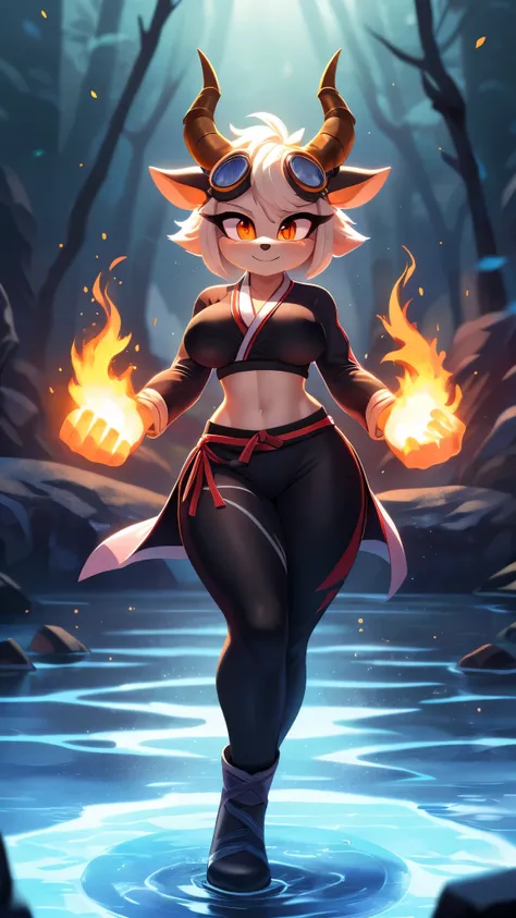 female, mobian, bull, short stature, black fur, heterochromia, orange eyes, red eyes, sharp horns, martial artist, midriff, martial arts clothing, goggles on forehead, form-fitting clothing, midriff, great tits, cute hips, Curvaceous, Nice butt, fiery fist...