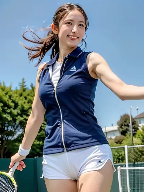 A young female tennis player dressed in a sleek blue tennis outfit stands ready, with her white undergarments visible. gripping her tennis racket with both hands in a poised and focused stance. The sunlight highlights the crisp lines of her attire and the ...