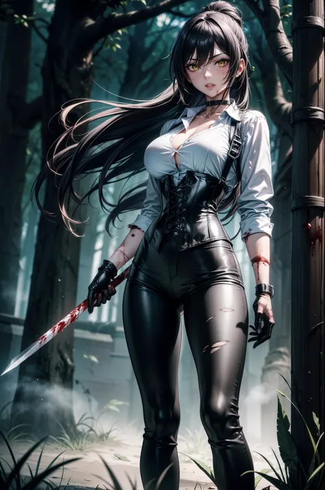 (Yaedef :1.4), 8K, highres, ultra detailed , (((torn clothes))), (((scratches on the body ))), ((( wounds on the body))), (((Blood in the body))), (masterpiece:1.4), better quality, Sakuya Shirase, symmetrical body, sensual lips, perfect breasts , big...