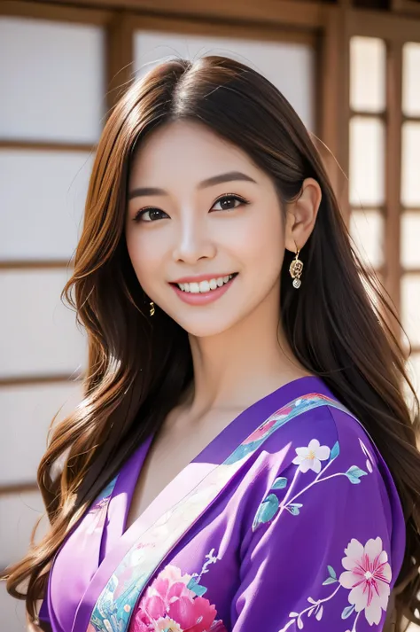 (SeaArt is 、  Make an amazing photoreal of a beautiful woman wearing clothes)、 The background is Japan、The color of the clothes is purple  、  brightly colored Japanese photoreal  、  Beautiful Woman Smiling and Showing White Teeth  、 Long brown hair 、Beauti...