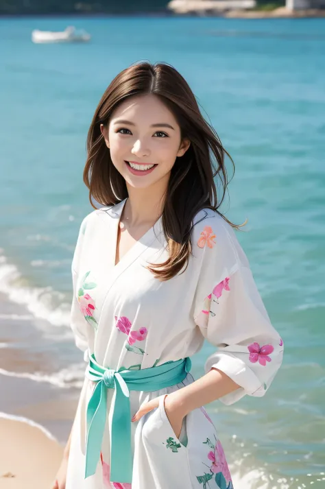 (SeaArt is 、  Make an amazing photoreal of a beautiful woman wearing clothes)、 The background is Japan、The color of the clothes is white 、  brightly colored Japanese photoreal  、  Beautiful Woman Smiling and Showing White Teeth  、 Long brown hair 、Beautifu...