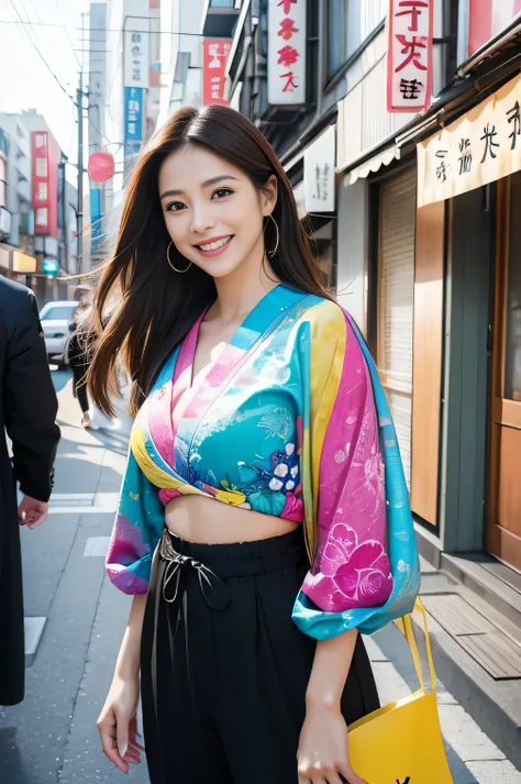 (SeaArt is 、  Lets make an amazing photoreal of a beautiful woman in clothes)、 The background is Tokyo、The color of the clothes is black  、  brightly colored Japanese photoreal  、  Beautiful Woman Smiling and Showing White Teeth  、 Long brown hair 、Beautif...